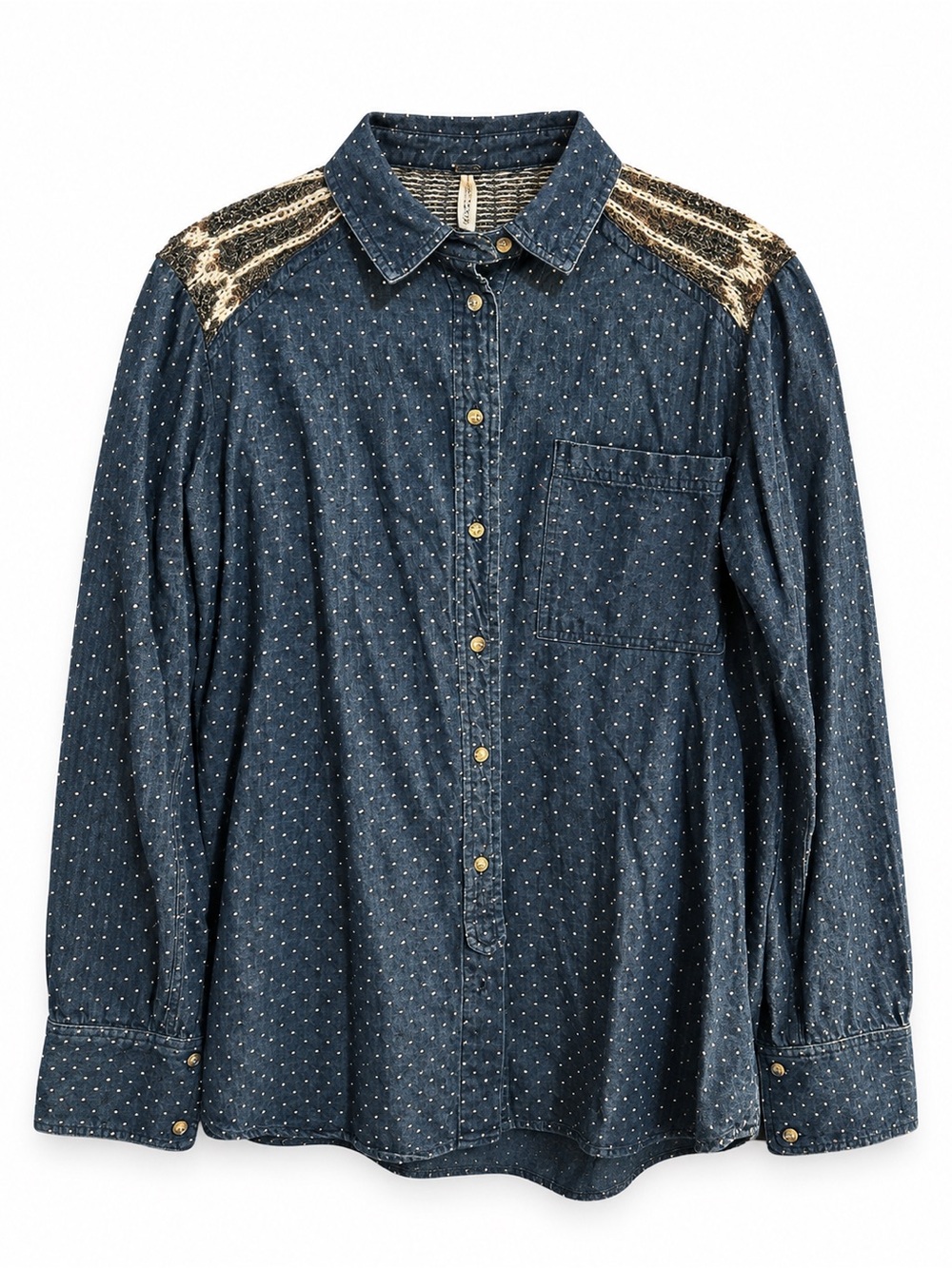 Free People Denim Dot Button-Down Shirt with knit yoke details. Wash wear.